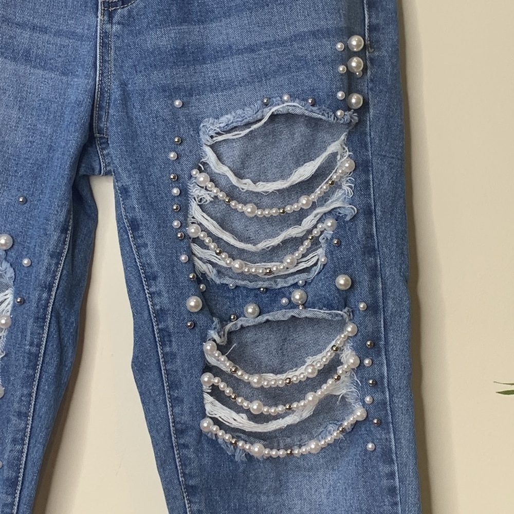 Forever 21 | Blue Denim Pearl Detail Distressed Western Bridal Wedding Jeans S - Picture 5 of 17